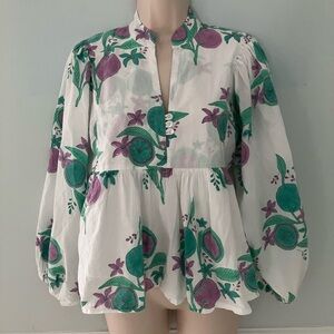 Victoria Dunn printed crop blouse peplum baby doll poofy cotton mandarin XS